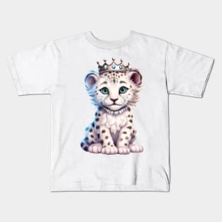 Watercolor Snow Leopard Wearing a Crown Kids T-Shirt